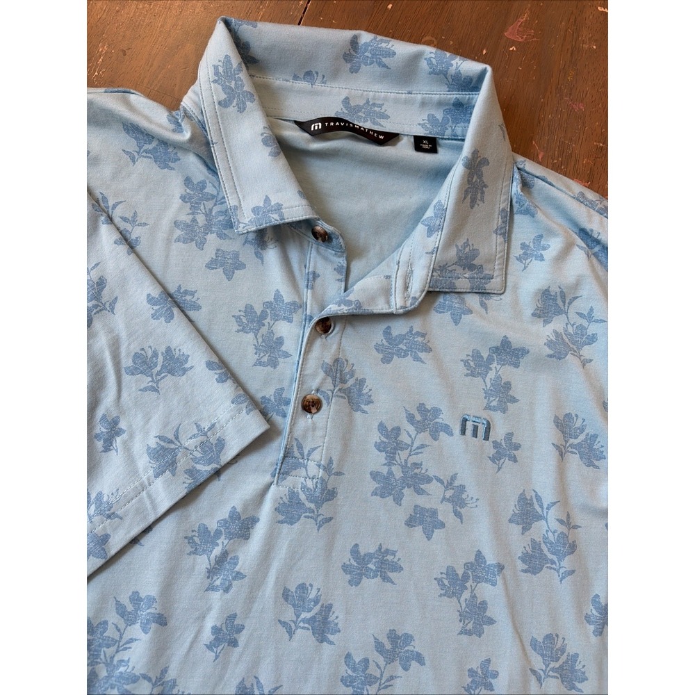 Travis Mathew Polo Shirt Mens XL Blue Floral Print Short Sleeve Golf Stretch